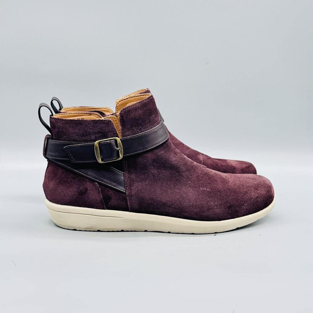 Vionic Boots Womens 9 Purple Suede Romy Ankle Wedge Buckle Zip Comfort Shoes